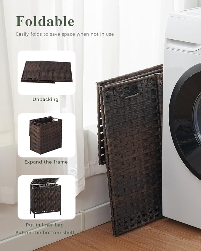 SETVSON Laundry Hamper with Lid 132 L, (35 Gallons) Clothes Hamper with Lid, Handwoven Rattan Laundry Hamper with Metal Heightened Feet, Laundry Hampers with 3 Removable Liner Bags for Laundry-Brown