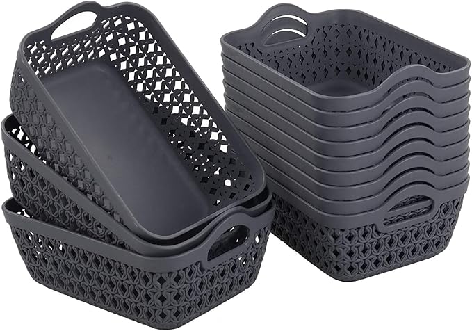Readsky Small Plastic Storage Baskets with Handles, Desktop Weave Storage Baskets, Deep Grey, 12 Packs