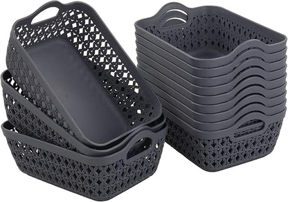 Readsky Small Plastic Storage Baskets with Handles, Desktop Weave Storage Baskets, Deep Grey, 12 Packs