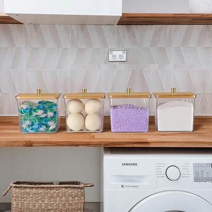 4 Pack Laundry Detergent Container, Clear Laundry Room Organization Containers, Large Laundry Powder Storage Organizer Wooden Lids with Scoop