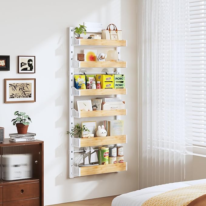 6-Tier Over The Door Pantry Organizer, Heavy-Duty Metal Wall Mount or Hanging Spice Rack, behind the door storage Shelves with Adjustable Basket, Back of Door Organizer for Kitchen Cabinet and Closet