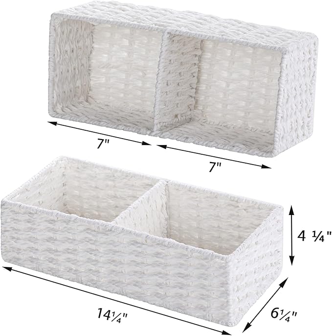 Vagusicc 2 Section Wicker Storage Basket, Wicker Baskets for Storage, Toilet Paper Basket for Toilet Tank Top, Small Wicke Baskets for Organizing Shelves, 2-Pack, White