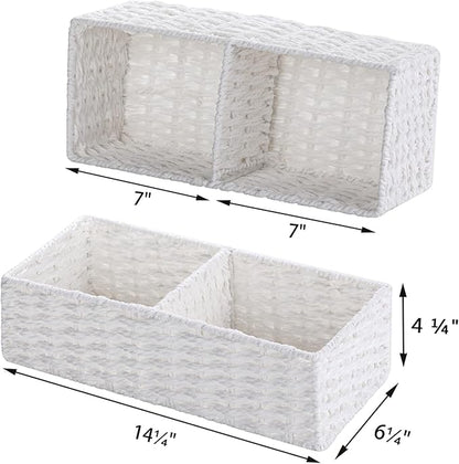 Vagusicc 2 Section Wicker Storage Basket, Wicker Baskets for Storage, Toilet Paper Basket for Toilet Tank Top, Small Wicke Baskets for Organizing Shelves, 2-Pack, White