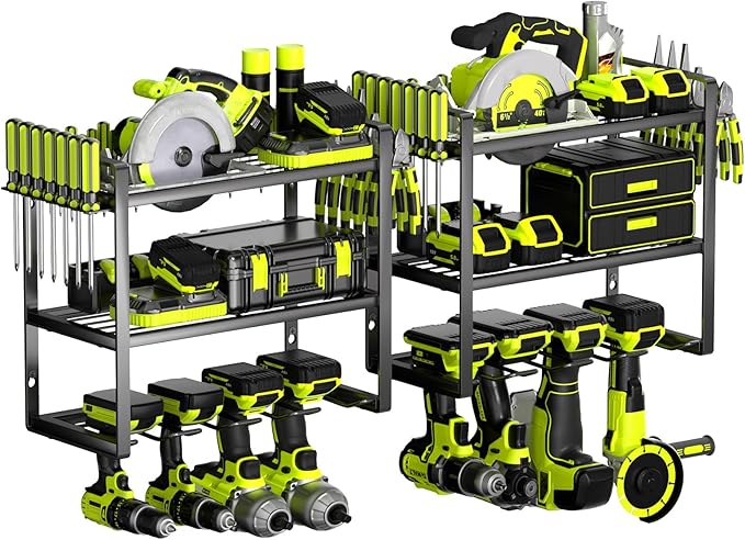 Power Tool Organizer Wall Mount 2 Pack, 4 Drill Holder, Garage Tool Storage and Organization Rack, Heavy Duty Wall Mounted Cordless Drill Organizer, Compatible with Ryobi Tools