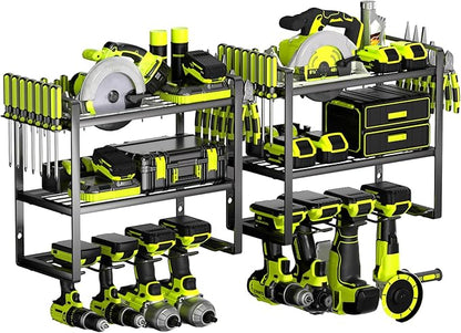 Power Tool Organizer Wall Mount 2 Pack, 4 Drill Holder, Garage Tool Storage and Organization Rack, Heavy Duty Wall Mounted Cordless Drill Organizer, Compatible with Ryobi Tools