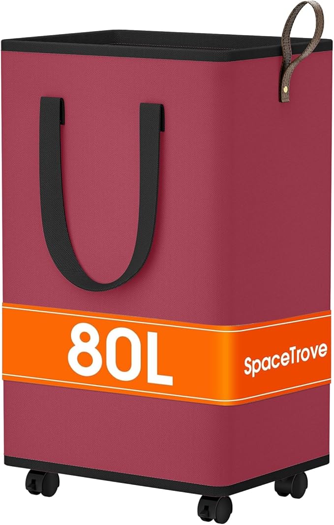 SpaceTrove Laundry Basket with Wheels, Collapsible Laundry Baskets, Laundry Hamper with Handles Detachable Wheels, Rolling Laundry Basket, Dirty Clothes Hamper for Bathroom, Dorm, Bedroom, Red, 80L