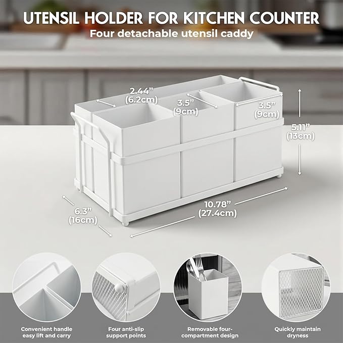 Utensil Holder Mesh Drainage Holes, 4pcs Bins Set Countertop Utensil Holder for Plate, Spoons, Forks and Knives, Cutlery Organizer Suitable for Party, Kitchen Counter, White