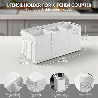 Utensil Holder Mesh Drainage Holes, 4pcs Bins Set Countertop Utensil Holder for Plate, Spoons, Forks and Knives, Cutlery Organizer Suitable for Party, Kitchen Counter, White