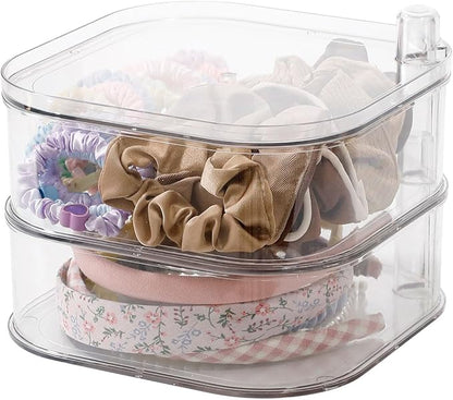 FABROK 2-Layer Girls Hair Accessories Organizer, Large Rotating Vanity Storage Container for Headbands, Scrunchies, Clips, Plastic Women Hair Ties Holder, Makeup Brush Box