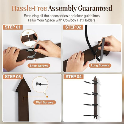 Cowboy Hat Rack for Wall, Cowboy Hat Holder Wall Mount Holds up to 4 Hats, Wooden Western Rustic Metal Hat Hanger with Arrow Sign Board, Hat Organizer for Western Hat, Fedora, Sun Hats (2 pack)