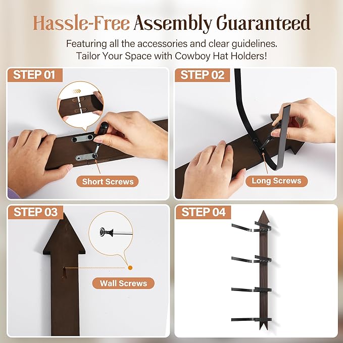 Cowboy Hat Rack for Wall, Cowboy Hat Holder Wall Mount Holds up to 4 Hats, Wooden Western Rustic Metal Hat Hanger with Arrow Sign Board, Hat Organizer for Western Hat, Fedora, Sun Hats (1 pack)