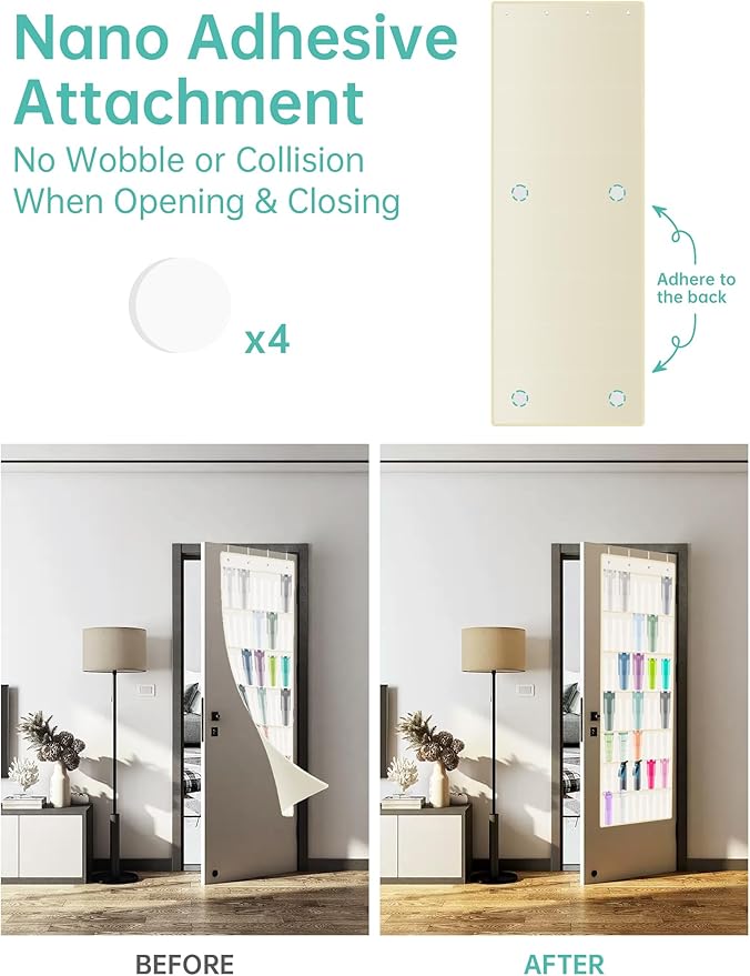 NiHome 35 Pockets Door Hanging Organizer Fit for Stanley 30oz 40oz Tumblers with Handles, Deep Clear Pockets with Handle Slots, Waterproof Oxford Fabric for Kitchen, Cabinet, Pantry, Closet (Beige)