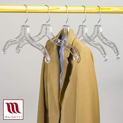 Mainetti Clear Plastic Clothes Hangers 20 Pack | 17-Inch Space Saving Hangers with 360 Swivel Metal Hook & Notches for Straps | Closet Hangers Ideal for Shirts, Tops, Dresses and Jackets (5400SCR20)