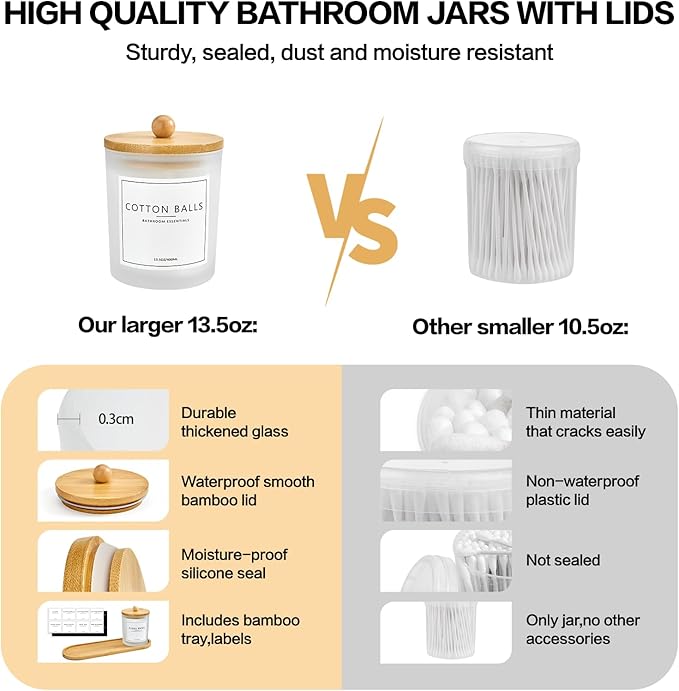 3 Pack Qtip Holder Bathroom Set with Tray,13.5oz Cotton Round Ball Pad Holder Cotton Swab Floss Pick Dispenser,Glass Apothecary Jars Canisters with Lids,Bathroom Organizers and Storage Container