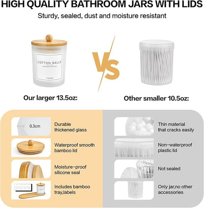 3 Pack Qtip Holder Bathroom Set with Tray,13.5oz Cotton Round Ball Pad Holder Cotton Swab Floss Pick Dispenser,Glass Apothecary Jars Canisters with Lids,Bathroom Organizers and Storage Container