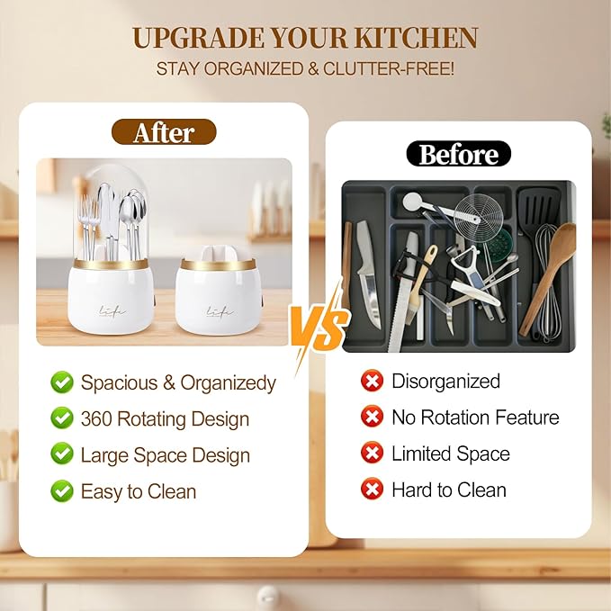360° Rotating Silverware Utensil Holder for Kitchen Counter, Spoon and Fork Holder with Cover, Cooking Utensil Organizer with 7 Slots and Intermediate Drainage Device for Kitchen Decor(White)