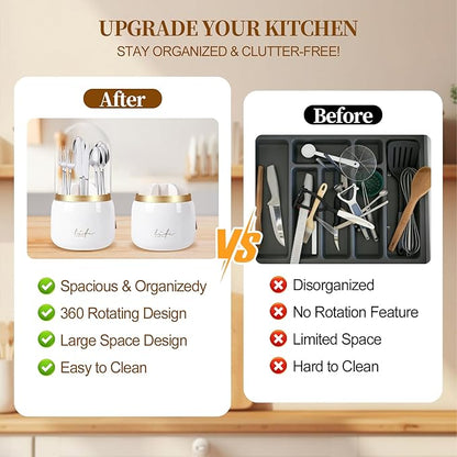 360° Rotating Silverware Utensil Holder for Kitchen Counter, Spoon and Fork Holder with Cover, Cooking Utensil Organizer with 7 Slots and Intermediate Drainage Device for Kitchen Decor(White)