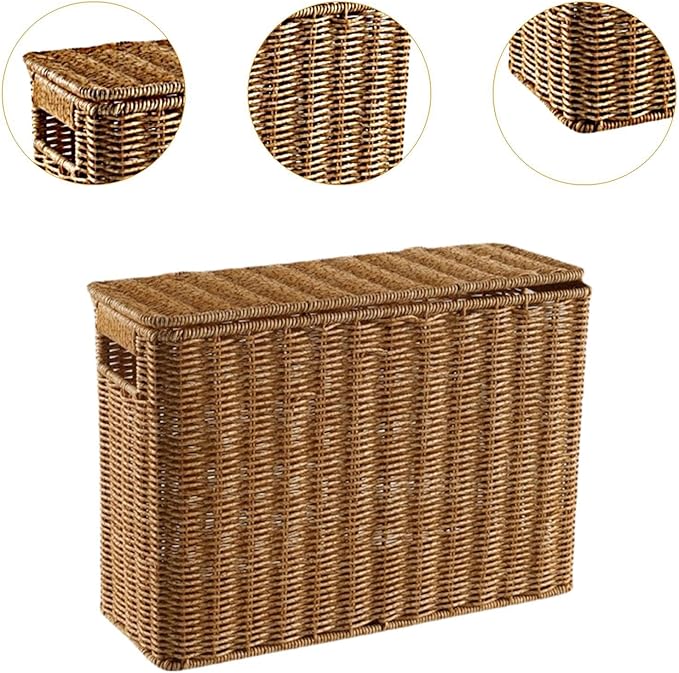 Nesting Rectangle Wicker Basket with Lid, Narrow and Tall Storage Box, Lightweight Decorative Storage Bin with Handle, Hand-Woven Magazine Holder for Bedroom Study Small Corner, L