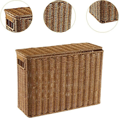 Nesting Rectangle Wicker Basket with Lid, Narrow and Tall Storage Box, Lightweight Decorative Storage Bin with Handle, Hand-Woven Magazine Holder for Bedroom Study Small Corner, L