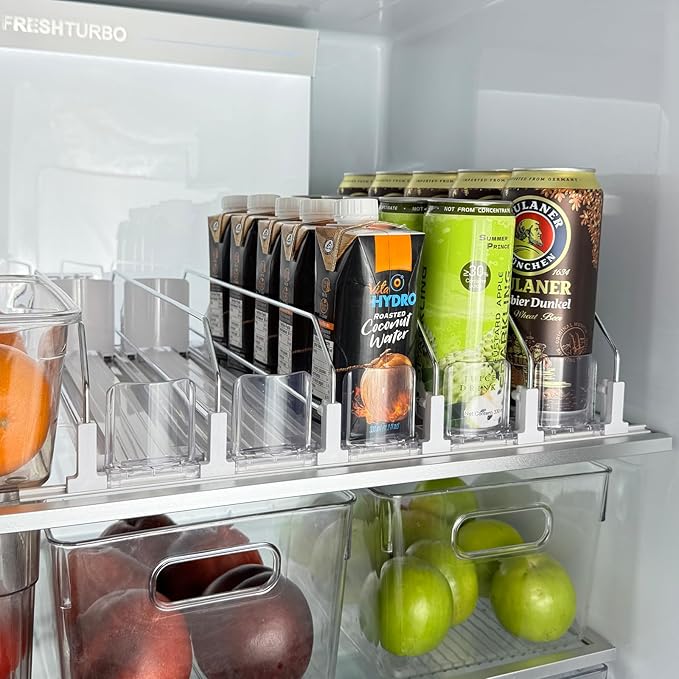 Drink Organizer for Fridge, Self Pushing Soda Can Dispenser for Refrigerator, Automatic Beverage Pusher Glide Beer Water Bottle Holder -5 Rows, White