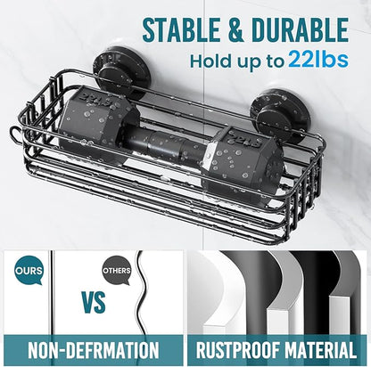 TAILI Shower Caddy Suction Cup, 3 Pack Shelves for Inside with Hooks & Soap Holder Toothbrush Cups, Removable Bathroom Organizer, Rustproof Black Shelves