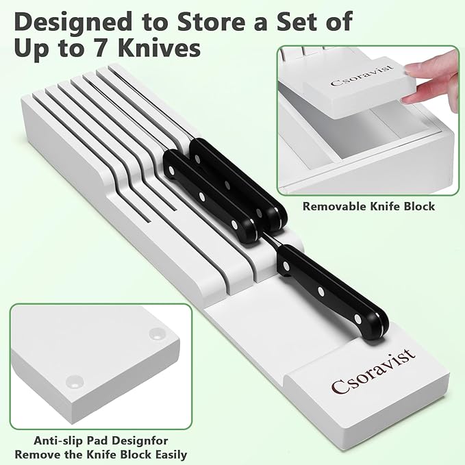 9-Piece Bamboo Kitchen Drawer Organizer Set, Expandable Silverware &Utensil Organizer with Removable Knife Block & Steak Knives, Flatware Organization, Tableware Dividers Storage(White)