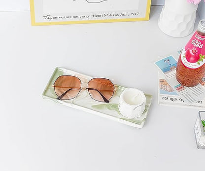 9.2" Porcelain Small Bathroom Tray, Ceramic Countertop and Vanity Tray for Cosmetics, Perfume, Jewelry, Candle - Kitchen Soap Tray for Kitchen Counter (Green)