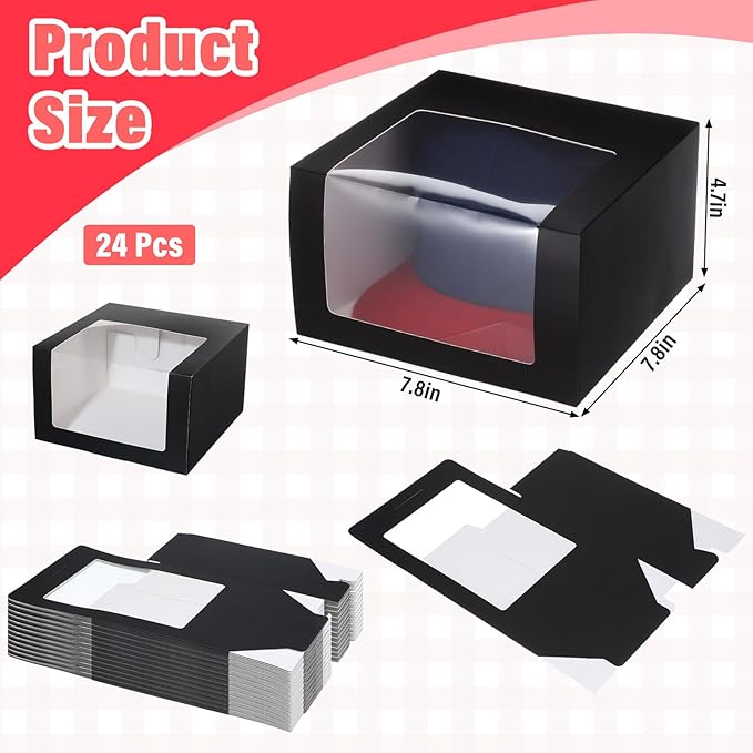 24 Pack Black Hat Boxes with Window - Display & Storage Box for Baseball Caps, Snapbacks, Dad Hats | 7.8 x 7.8 x 4.7 Inch Foldable Gift Box Organizer
