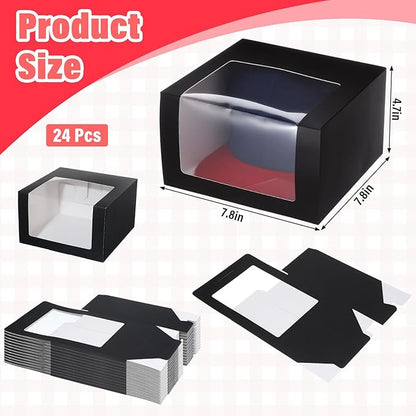 24 Pack Black Hat Boxes with Window - Display & Storage Box for Baseball Caps, Snapbacks, Dad Hats | 7.8 x 7.8 x 4.7 Inch Foldable Gift Box Organizer