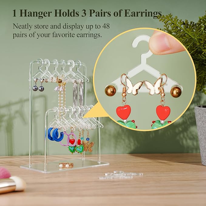 NiHome Clear Acrylic Earring Organizer Stand for Home, Store, Exhibition - Mirror-Finish 2-Tiered Display for 48 Pairs, 16 Mini Hangers Holder Tangle-Free Storage Adds Elegance to Jewelry Presentation