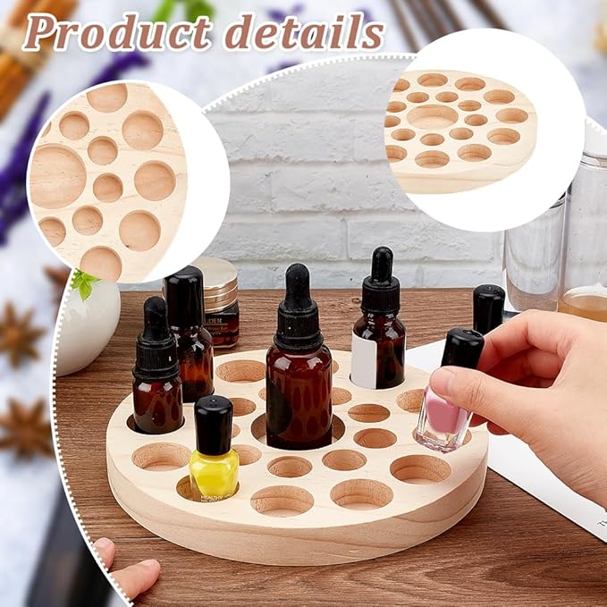 AHANDMAKER 22 Slots Small Essential Oil Bottle Holder, Wood Round Storage Display Rack Tabletop Essential Oil Bottles Wooden Storage Display Stand for Home Salon