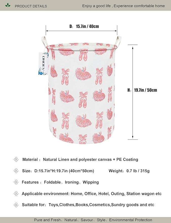 Round Collapsible Laundry Hamper for Girls,Waterproof Pink Ballerina Dance Shoes Print Storage Bin,Large Capacity Toy Organizer for Kids Room Nursery Playroom,Ideal New Parent Gift