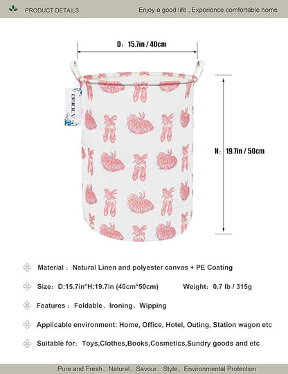 Round Collapsible Laundry Hamper for Girls,Waterproof Pink Ballerina Dance Shoes Print Storage Bin,Large Capacity Toy Organizer for Kids Room Nursery Playroom,Ideal New Parent Gift