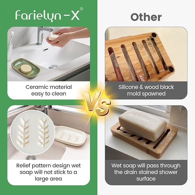 2 Pack Ceramic Soap Dish for Cleaner Shower, Decorative Soap Holder for Bar Square Shampoo or Sponge, Cute Shower Soap Dish Soap Saver Tray Container for Bathroom Kitchen Sink, Easy to Clean