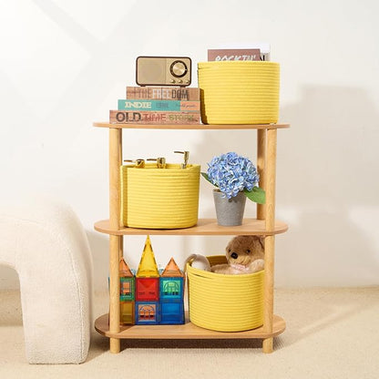 MiniArk Small Basket for Organizing | Cube Shelf Closet Storage Baskets | 9.7×9.7×7.1” | Woven Rope Gift Basket | Nursery | Round 3 Packs Yellow