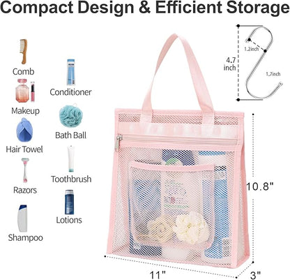 F-color Mesh Shower Caddy Portable Hanging - 3 Pockets Small Shower Bag Tote with Zipper Closure for Camping, Gym Lockers, Travel, Toiletry, Quick Dry Bathroom Essentials with S Hook, Pink