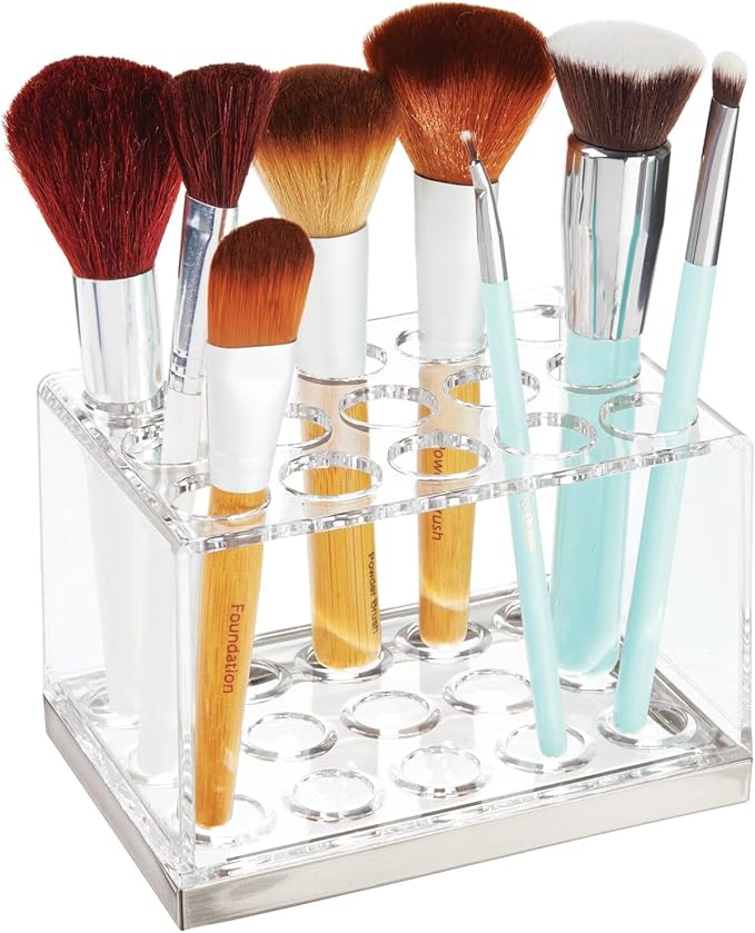 mDesign Plastic Makeup Brush Storage Organizer with 15 Slots for Bathroom Countertop, Vanity to Hold Eye/Lip Pencils, Lip Gloss, Liners, Lipstick - Clear/Brushed