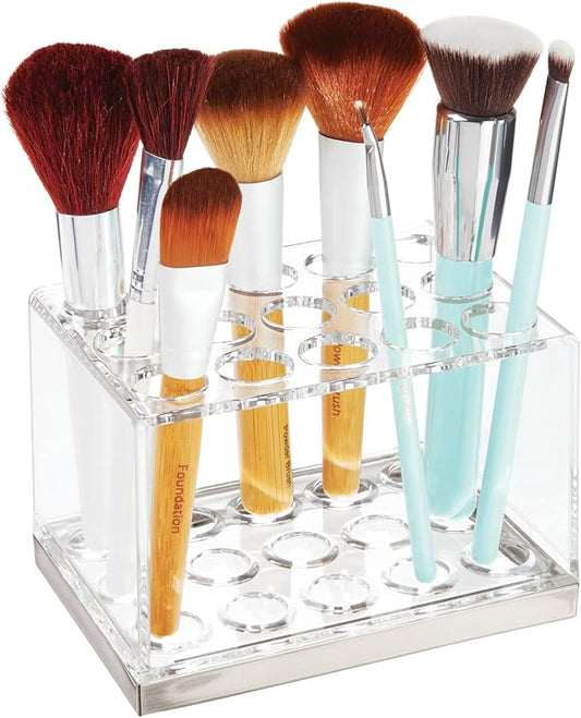 mDesign Plastic Makeup Brush Storage Organizer with 15 Slots for Bathroom Countertop, Vanity to Hold Eye/Lip Pencils, Lip Gloss, Liners, Lipstick - Clear/Brushed
