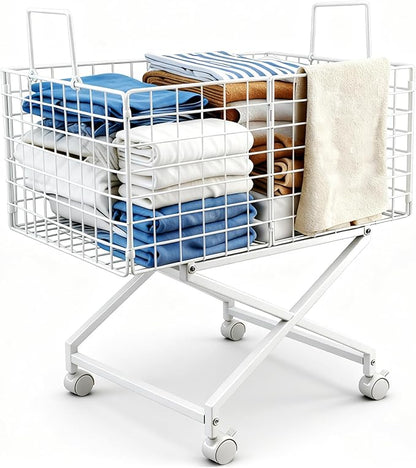 Rolling Laundry Basket with Wheels - 27" Elevated Wire Laundry Hamper, 80L Sturdy Metal Laundry Cart, 10-Min 8-Screw Assembly, Ergonomic No-Bending Mobile Clothes Bin for Laundry Room (White)