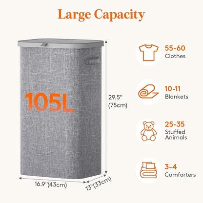 Lifewit 105L Large Laundry Basket with Lid, Laundry Hamper with Plastic Handles and Removable Bag, Foldable Tall Dirty Clothes Hampers for Laundry for Laundry Room, Bedroom, Bathroom, Dorm, Light Gray