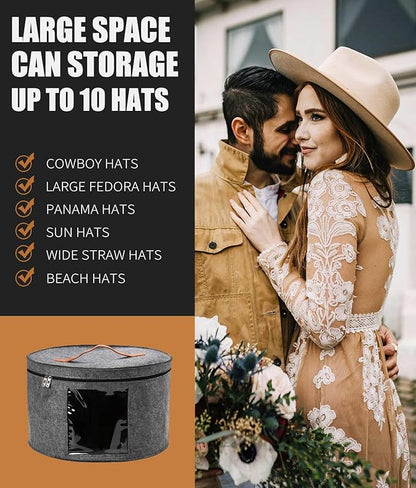 Hat Box, Travel Hat Storage Box, Foldable Space-saving Hats Boxes Organizer for Men & Women Storage, Stackable Hats Carrier Case for Round Brim, Cowboy, Panama, Tweed Caps - Grey