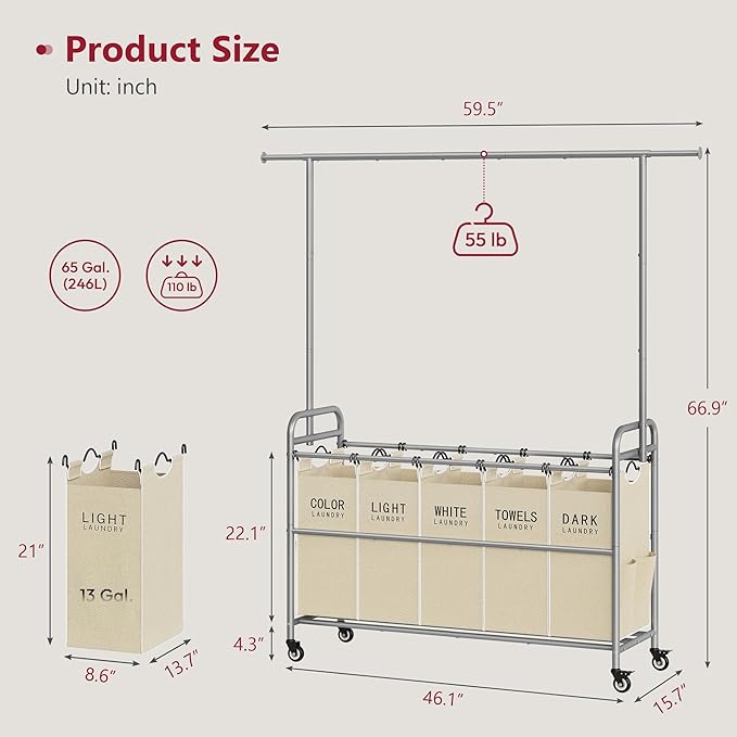 Tajsoon Laundry Sorter with Hanging Bar, 5 Bag Laundry Sorter with Wheels, 246L (65 Gal.) Laundry Hamper with Adjustable Hanging Rack, Laundry Room Organization and Storage, Beige