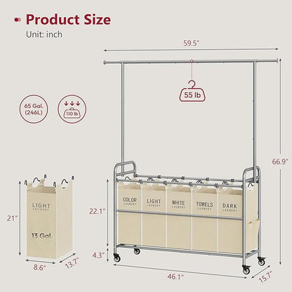 Tajsoon Laundry Sorter with Hanging Bar, 5 Bag Laundry Sorter with Wheels, 246L (65 Gal.) Laundry Hamper with Adjustable Hanging Rack, Laundry Room Organization and Storage, Beige