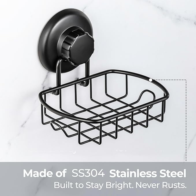 HASKO 2 Pack Suction Cup Soap Dish for Shower Wall, Rustproof Stainless Steel, Shower Soap Holder with Hooks, Includes Optional No Drill Adhesive Mount for Bathroom, 2 Soap Savers, Black