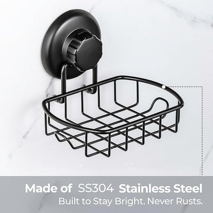 HASKO 2 Pack Suction Cup Soap Dish for Shower Wall, Rustproof Stainless Steel, Shower Soap Holder with Hooks, Includes Optional No Drill Adhesive Mount for Bathroom, 2 Soap Savers, Black