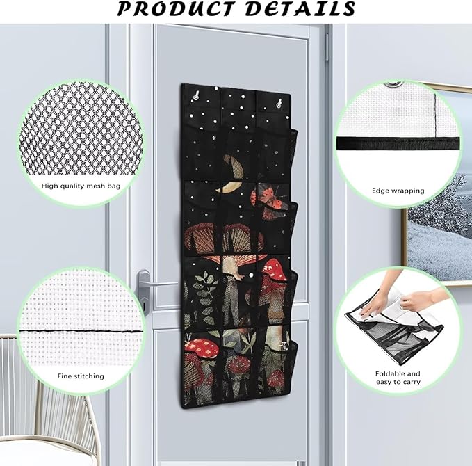 Mushrooms Over the Door Organizer with 12 Mesh Pockets - Breathable Design for Bath Towels, Toiletries, Makeup (Waterproof Lining)