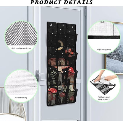 Mushrooms Over the Door Organizer with 12 Mesh Pockets - Breathable Design for Bath Towels, Toiletries, Makeup (Waterproof Lining)