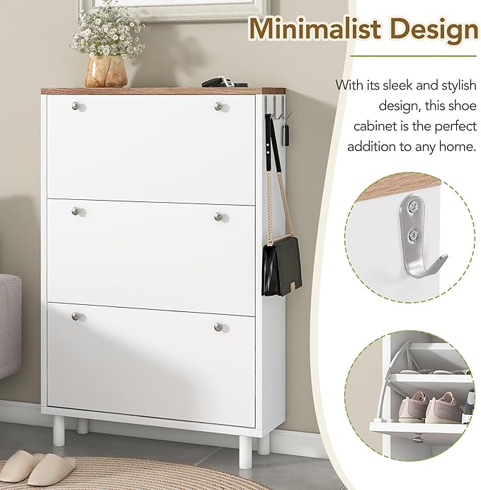 Contemporary Shoe Cabinet with 3 Flip Doors Free-Standing Wooden Shoe Rack Shoe Storage Organizer for Entryway Hallway Small Space (White&Natural)
