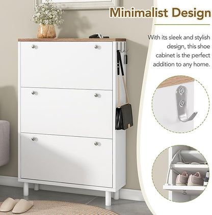 Contemporary Shoe Cabinet with 3 Flip Doors Free-Standing Wooden Shoe Rack Shoe Storage Organizer for Entryway Hallway Small Space (White&Natural)