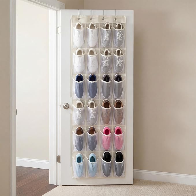 Batiyeer Over the Door Shoe Organizer Cotton Material 24 Large Breathable Mesh Pockets with 4 Pcs Hooks Closet Rack Hanger Holds up to 40 Lbs Space Saving Hanging Storage Holder